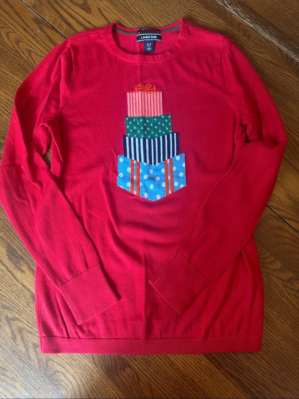 Lands' End Red Crewneck Sweater with Stacked Gift Applique